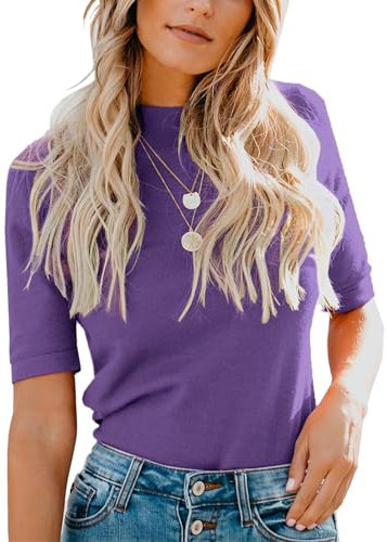LIYOHON Camisetas de manga corta para mujer, cuello alto, estilo informal, para negocios, para salir, 2025, Violeta, Large