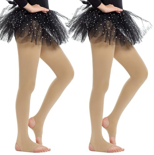 MANZI 2 Paar Mädchen Ballett Strumpfhosen 40 Denier Convertible Fuß Steigbügel Tanz Strumpfhosen für Mädchen Leistung Haut L 11-14 Jahre