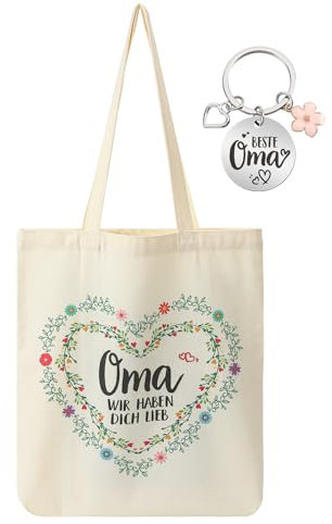 Xialvyu Oma Geschenk Geburtstag Geschenk für Oma Jutebeutel mit Schlüsselanhänger Oma Geschenk Canvas Stoff Geschenk für Oma und Mama WIR HABEN DICH LIEB Einkaufstasche Oma Beutel