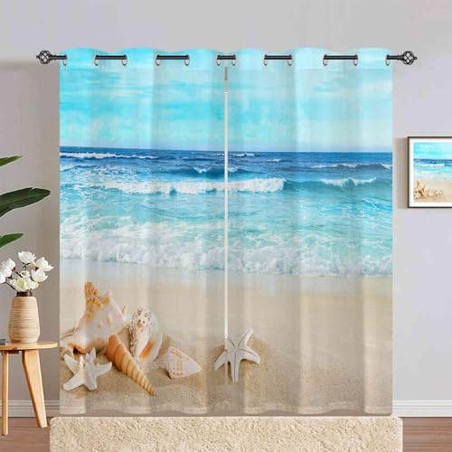 ANHOPE Rideau Occultant Tropical Océan Plage Coquille Rideau Thermique Isolant Tenture Opaque à Oeillets Draperies Intérieurs pour Maison Chambre Salon Fenetre 2 Pièces L 132 x H 180 cm