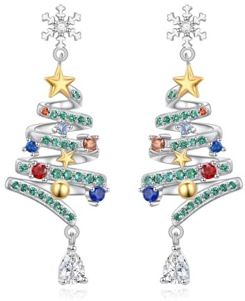 Flyow Weihnachtsbaum Ohrringe für Damen 925 Sterling Silber Grüne Weihnachtsbaum Schneeflocke Tropfen Ohrringe - Winter Feiertags Weihnachts Ohrringe Bunter Zirkonia Weihnachten Schmuck Geschenke