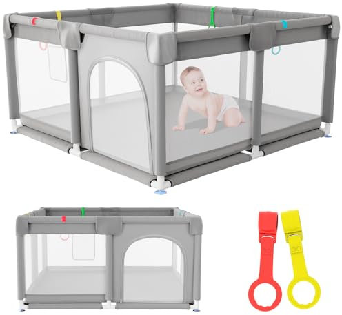 JUPPLIES Parque Infantil Bebe 120x120cm + 2 Agarraderas – Corralito Bebe con Malla Transpirable – Parque de Juegos Bebe con Puerta Lateral – Playpen Bebe - Gris