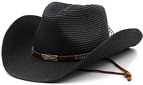 Cowboyhut Unisex Strohhut Westernhut Cowgirlhut Stroh Panamahüte Sommerhut Sonnenhut Piratenhut Strandhut Fischerhut für Damen Herren Erwachsener (DE/NL/SE/PL, Alphanumerisch, Einheitsgröße, Schwarz)