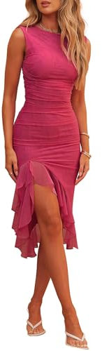Hocuos Damen-Midikleid 2024, Rundhalsausschnitt, langärmelig, Rüschensaum, Netzstoff, figurbetont, formell, Cocktailkleid, Hochzeitsgäste, Z Rose Red, Klein