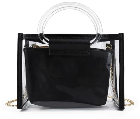 FuninCrea 5x7 Zoll Klein Crossbody Bag Damen mit Abnehmbarer Clutch-Tasche und Kettenschulterriemen, Handtasche Damen Klein Durchsichtig Damen Umhängetasche Damen Handtasche mit Griff (Schwarz)