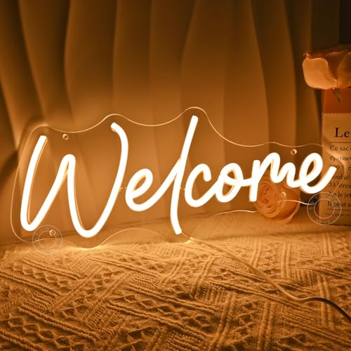 SYLHOME Welcome Led Neon Light Sign Business Window Store Door Wall Decor | Home Window Bar Pub Store Shop Open Come In Wall Neon Light Sign Decor Wedding Birthday Party Sign Gift, 15.75X6.5, USB