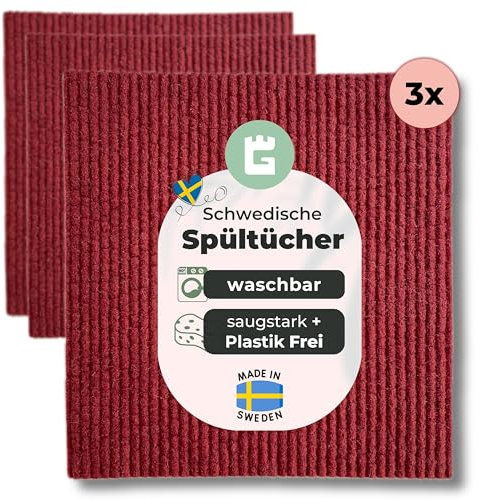 Grünschloss Spüllappen Rot (3X) schwedische Spültücher waschbar Weinrot - Schwammtücher aus Holz-Zellstoff & Baumwolle Putzlappen - Bunte Küchenlappen, Geschirrlappen modern (Limited Edition)
