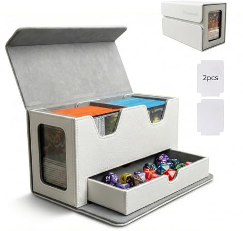 DeckDwell Double Deck Box MTG Commander 200+ Cards with Dice Tray White | Dual display for quick ID. Durable PU leather, soft lining. Holds 200+ cards, includes dice tray, perfect for TCG.