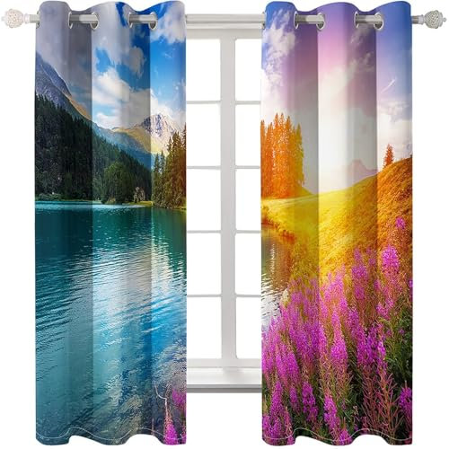 Homxi 2er Pack Vorhänge Blickdicht,2 x 107W x 214H cm,Vorhänge Nach Maß mit Ösen Blumen und See Berglandschaft Moderne Gardinen Fuchsie Blau Orange Grün Schlafzimmer