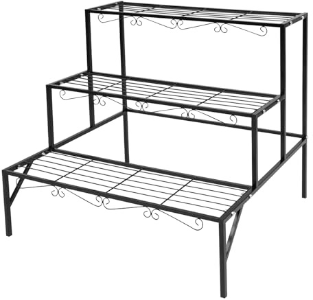 WooDerson Escalier pour plantes à 3 niveaux, en métal, style escalier, grande étagère d'exposition pour pots de fleurs, étagère à plantes pour balcon, terrasse, jardin, salon (noir)