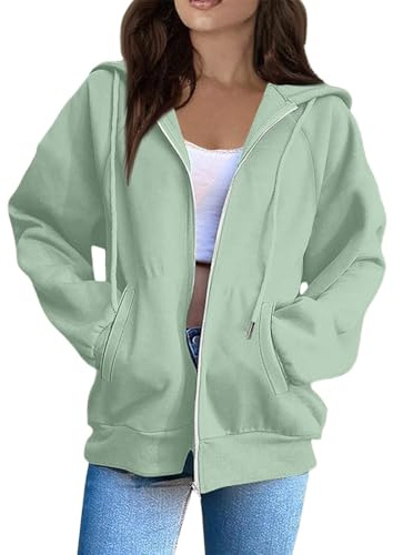Sweat a Capuche Femme Zippé Oversize - Veste Polaire Femme Hiver Sport Chic Et Élégant Sweat-Shirt avec Poches Coton Pas Cher Sweats Couleur Unie Automne Sweatshirt(Vert Clair,S)