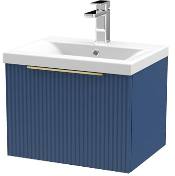 Balterley Vanity Unit with Basin Wall Hung, Single Drawer Soft Close with Mid Edge Sink and Handle, Bathroom Vanity Units with Basin, Fluted Front Sink Cabinet - 510 x 390 x 399mm (Blue)