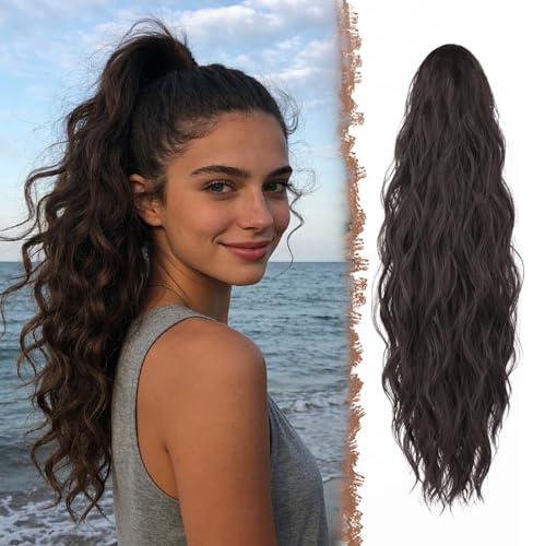 AURIVEE Haarteil mit Klammer Pferdeschwanz Extension - Gewelltes Synthetik Haar 63cm für Damen Frauen, Voluminöse Haarverlängerung Zopf Schwarz Braun - Einfach zu Tragen für Alltag Party Hochzeit