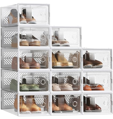 SONGMICS Schuhboxen, 12er Set, Aufbewahrungsbox für Schuhe, robust, faltbar und stapelbar, für Schuhe bis Größe 43, Sportschuhe, High Heels, flache Schuhe, transparent-weiß LSP106W12V2