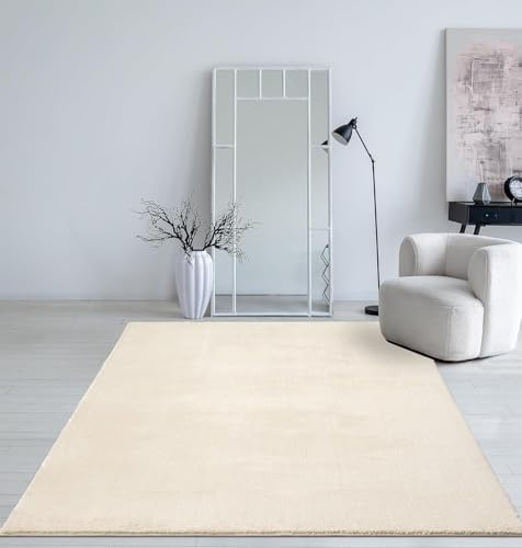 Mia´s Teppiche Taos – kuscheliger Kurzflor Teppich in Felloptik, super Soft & waschbar bis 30°C, mit Anti-Rutsch-Unterseite, Wohnzimmer & Schlafzimmer, Made in Türkiye, Beige, 240 x 240 cm