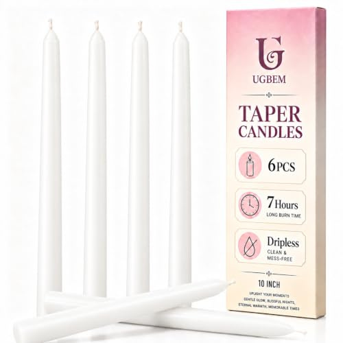 Tapered Dinner Candles, White, 10 Inch, 6 Pack | 7 Hour Burn Time, Non-Drip Paraffin Wax, Cotton Wicks, Household Decor
