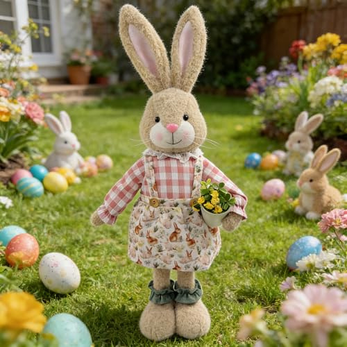 Osterhasen Figuren Groß, Osterdeko Osterhase mit Teleskopbeinen, Frühlingsdeko Hase Statue, Ostern Deko Hase, Plüsch Osterhasen Puppen, Kaninchen Kuscheltier für Gartendeko Tischdeko Modern (B)