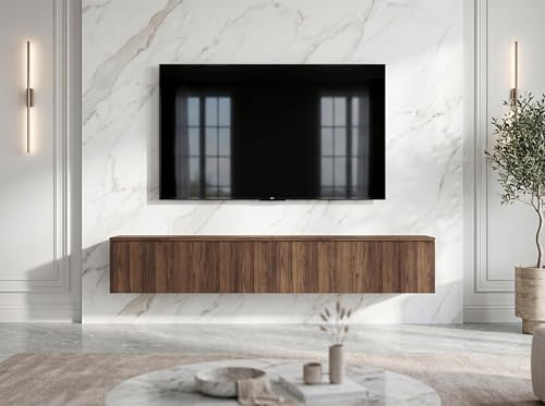 AX Living Barvo 2x100 TV Kommode Lowboard Dunkelbraun Nussbaum Warmia H | 4 geräumige Innenfächer. Türen auf Metallbeschlägen. Maße: Breite 200 cm, Höhe 34 cm, Tiefe 32 cm. Push-to-Click-System.