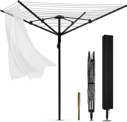 60 metre Rotary Washing Line Heavy Duty Steel Whirligig Washing Line with Ground Spike and Cover Bag, 4 Arm Outdoor Rotary Line