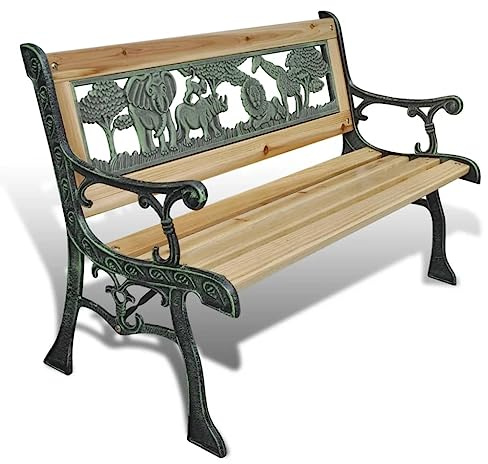 MinoLiving Kinder-Gartenbank 84 cm Holz mit Tiermuster für Kinderzimmer, Balkon, Terrasse, Garten, Veranda, Outdoor, robuste Sitzbank mit Lehne, wetterfestes Holz, Vintage-Design
