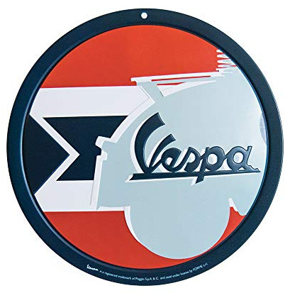 Vespa Rundes Poster aus Blech mit rotem Pfeil.