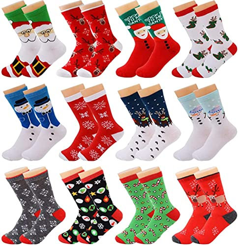 Fascigirl 12 Paare Weihnachtssocken Kuschelsocken Christmas Socks Weihnachten Socken Baumwolle Socken Unisex Bunt Lustige Socken Bettsocken Damen Winter Warme Socken