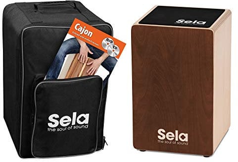 Sela SE 190 DE Primera Cajon Brown Einsteiger Bundle mit Sela Snare System, aufgebaut, Rucksack, Sitzpad, Schule, CD, DVD