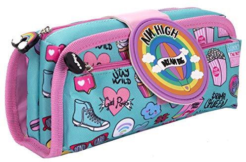 Fringoo – Federmäppchen für Kinder – Blaues und rosa Mädchen-Doodle-Design – 2 Reißverschlussfächer – Schul-Organizer für Mädchen