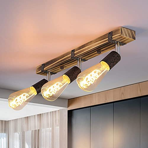 GBLY Vintage Deckenleuchte Holz Deckenspots Retro Deckenstrahler 55CM mit verstellbaren Strahlern, 3xE27 max.25 Watt, Schwenkbar Deckenlampe für Flur Küche Esszimmer Wohnzimmer Bar, Ohne Leuchtmittel