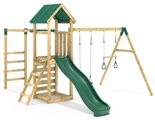 Rebo® Children's Adventure Playset Wooden Climbing Frame with Monkey Bars, Swings and Slide - Logan | OutdoorToys | Sturdy Wooden Construction, Pressure Treated Timber