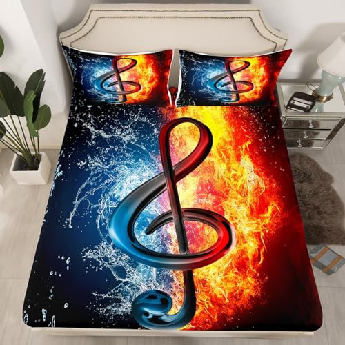 Spannbettlaken mit Musikmotiven, Wasserflamme, Musiknoten-Druck, Bettwäsche-Set in voller Größe, luxuriöses Musikmuster, Bettlaken-Set für Kinder, Jungen, Mädchen, Männer, Frauen, Schlafzimmer,