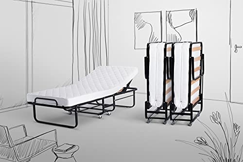 Beauty.Scouts Gästebett Gideon schwarz Struktur 90x200cm verstellbares Kopfteil DICO Raumsparbett Einzelbett Metallrahmen Klappbett Faltbett max 130kg belastbar