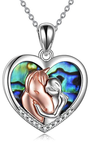 YFN Pferd Anhänger Halskette mit Abalone Schmuck 925 Sterling Silber Mädchen umarmen Pferd Geschenk für Frauen Mädchen