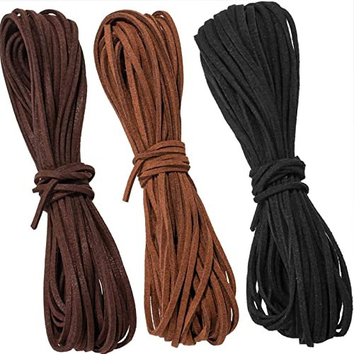 3 Pezzi Cordoncino in Pelle Scamosciata, Suede Cord, Cordino in finta, Cordoncino di Cuoio Intrecciato per braccialetto collana perline gioielli fai da te Crafts (3 Colori)