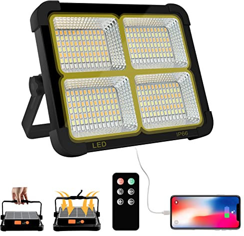 Foco LED Recargable, Foco LED Bateria 100W Con Control Remoto/Panel Solar/ 4 Modos de Luz/Batería Externa de 16500mAh/ Base Magnética para Camping, Trabajo, Pesca