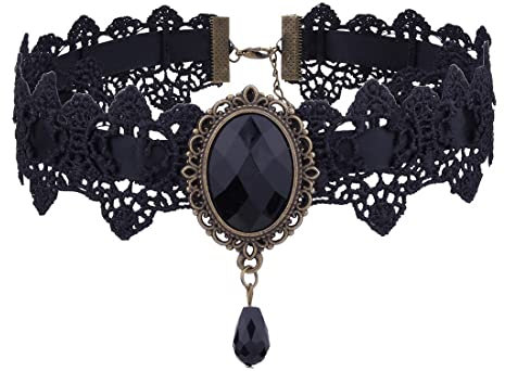 Prosy Schwarz Spitze Halsketten Gothic Spitze Choker Kristall Anhänger Halloween Cosplay Party Diamant Halskette Schmuck für Frauen und Mädchen (Schwarz)