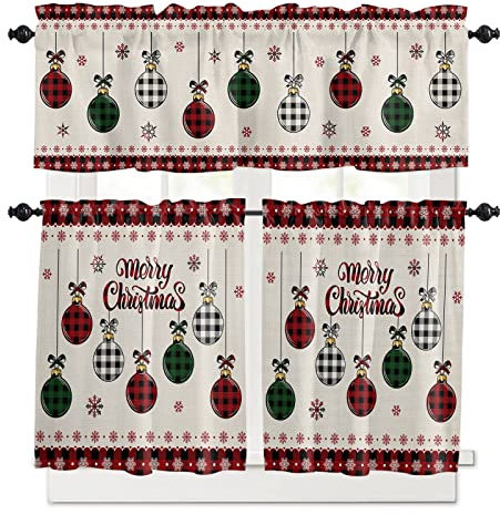Weihnachts-Küchenvorhänge und Volants-Set, Vintage-Büffelkariert, Weihnachtskugeln, Fensterbehandlungen, Bauernhaus, halbe,kurze Vorhänge für kleine Fenster, Café, Schlafzimmer, 137.2x91.4 cm