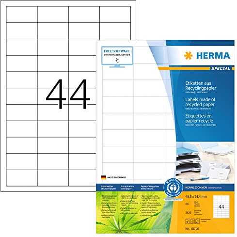 HERMA 10726 Recycling Etiketten, 80 Blatt, 48,3 x 25,4 mm, 44 pro A4 Bogen, 3520 Stück, selbstklebend, bedruckbar, matt, blanko Recycling-Papier Klebeetiketten Aufkleber, natur-weiß