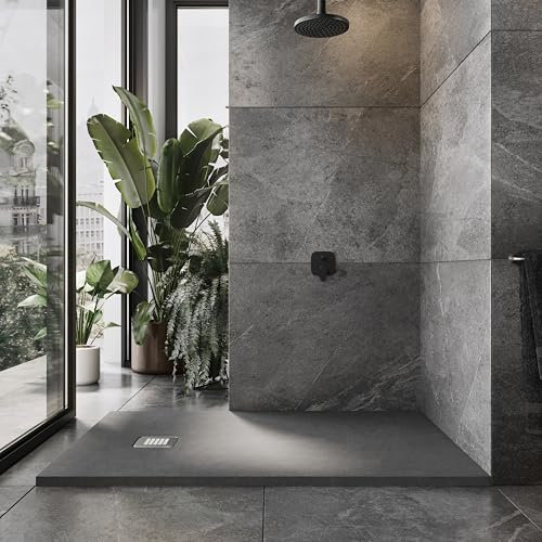 Go Bathrooms 1400 x 800mm Grey Slate Shower Tray Anti Slip Flat Stone Rectangle Shower Base for Enclosure Cubicle and Wetrooms Cut to Size