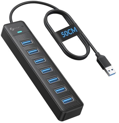 PHIXERO 7 Port USB Hub, 1.6FT Long Cable USB 3.0 Hub USB Verteiler, Super Speed 5Gbps Datenhub, Kompatibel mit Allen USB Port Geräten (7 Port, 50CM Cable)