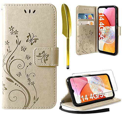 AROYI Lederhülle Kompatibel mit Samsung Galaxy A14 5G/ A14 4G Hülle und Schutzfolie,Flip Wallet Handyhülle Leder Tasche Kartensteckplätzen Schutzhülle Kompatibel mit Samsung Galaxy A14 Golden
