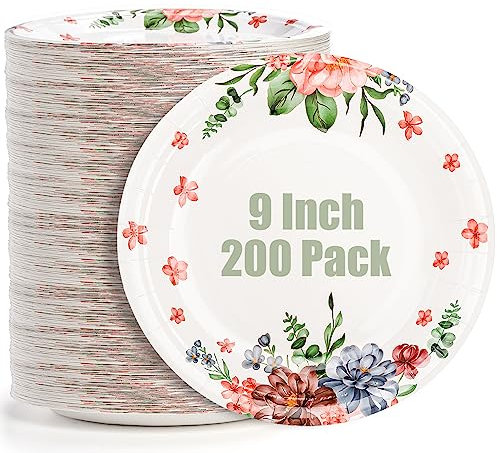 yarlung 200 Pack 9 Inch Disposable Paper Plates, Soak Proof Light Dinner Paper Plates Bulk Floral Printed Disposable Plates for Lunch, Salads, Parties Picnics and Everyday Use, Cut Resistant