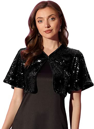 Allegra K Damen Bolero Pailletten Glitzer Shrug Party Crop Jacke Schwarz XS