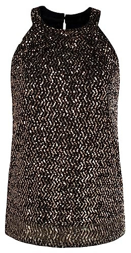 Damen Pailletten Neckholder Tops Elegant Rundhals Bluse Shirt Casual Tops Ärmellose Schwarz 2XL CL2396A23-03