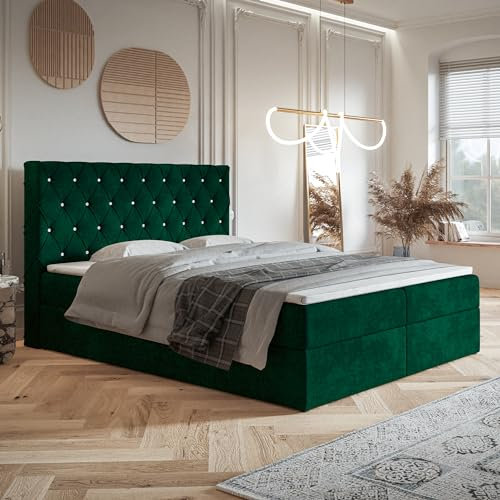 MOTIVENA Malta Boxspringbett 180x200 mit Bettkasten und Topper, Polsterbett 180x200 mit Bettkasten, Bonell-Matratze (H4), T28 Schaumstoff Topper (H3), mit Strass, Samt, Dunkelgrün