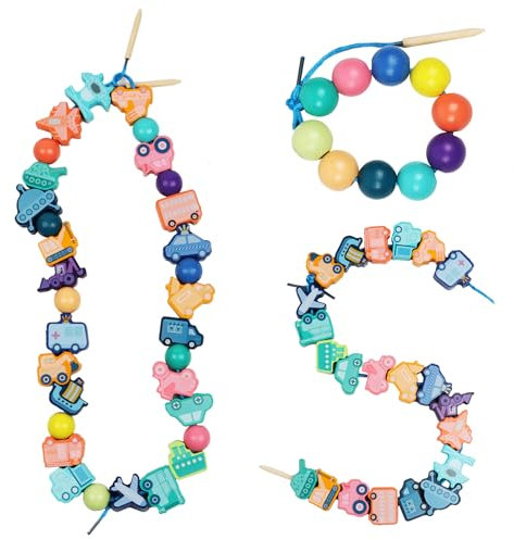 TRUEIN 32Pcs Montessori Holzspielzeug Fädelspiel, Holzperlen zum Auffädeln Kinder ab 2 3 4 5, Fädelspiel Pädagogisches Holz, Fahrzeugen Perlen Fädelspiel Spielzeug für Kinder Geschenke