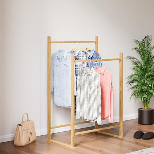 [en.casa] Portemanteau avec 2 Barres de Penderie Portant à Vêtements Porte-Vêtement pour Entrée Dressing Chambre Bois de Pin 122 x 80 x 50 cm Naturel