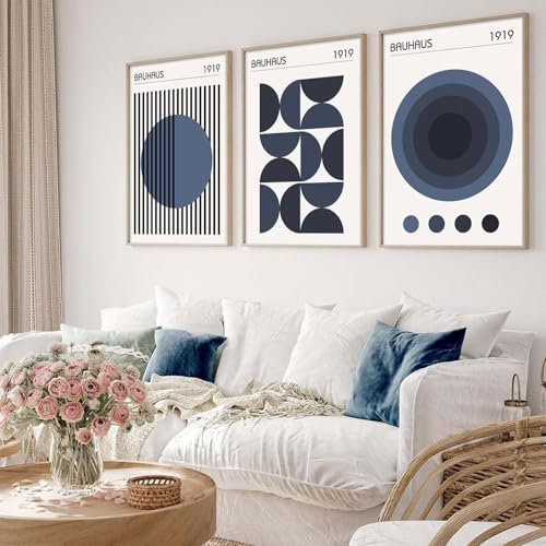 Bauhaus abstrakte geometrische Wandkunst – blaue Leinwanddrucke – Boho-Design der Mitte des Jahrhunderts – ungerahmt