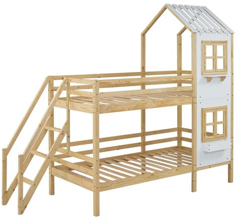 CGLYYDS Hochbett Kinderbett 90 X 200,Etagenbett mit Handlauf und Fenster,Kinderbett Baumhaus Etagenbett Stockbett für 2 Kinder mit Rausfallschutz und Lattenrost,Doppelbett Hausbett,B