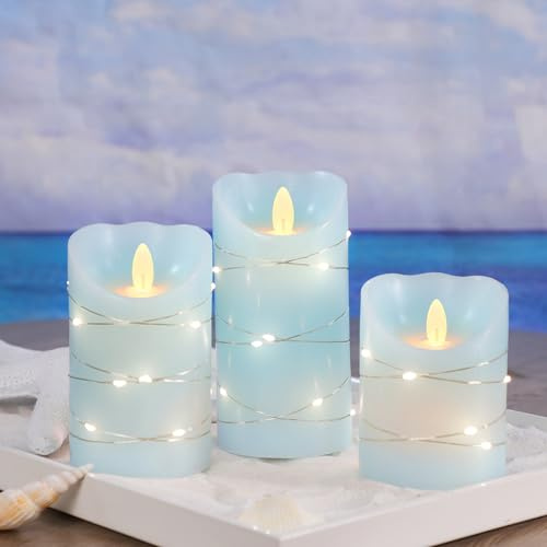 Silverstro Flammenlose nautische Kerzen mit Lichterkette, flackernde, blaue batteriebetriebene Kerzen mit Fernbedienung und Timer – Zuhause Bauernhaus Urlaub Ozean Dekor – Set mit 3 Stück